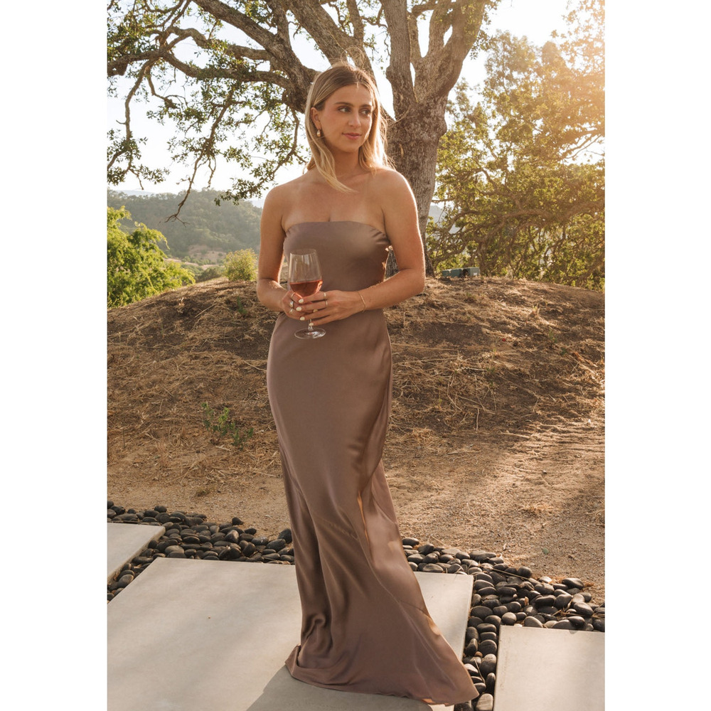 Show Me Your Mumu Taylor Tube Maxi Dress in Dune Luxe Satin S